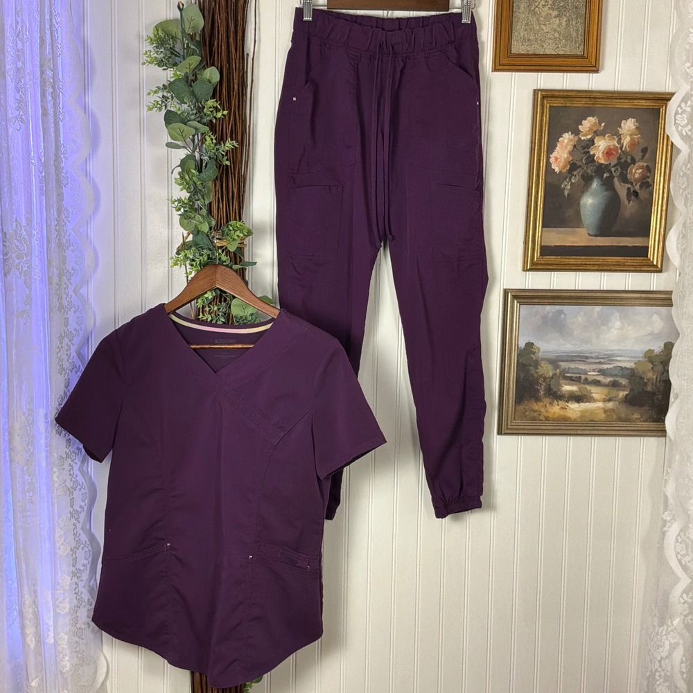 Scrubstar Ultimate Scrub Set Womens Small Purple Excellent V-Neck Jogger Cargo